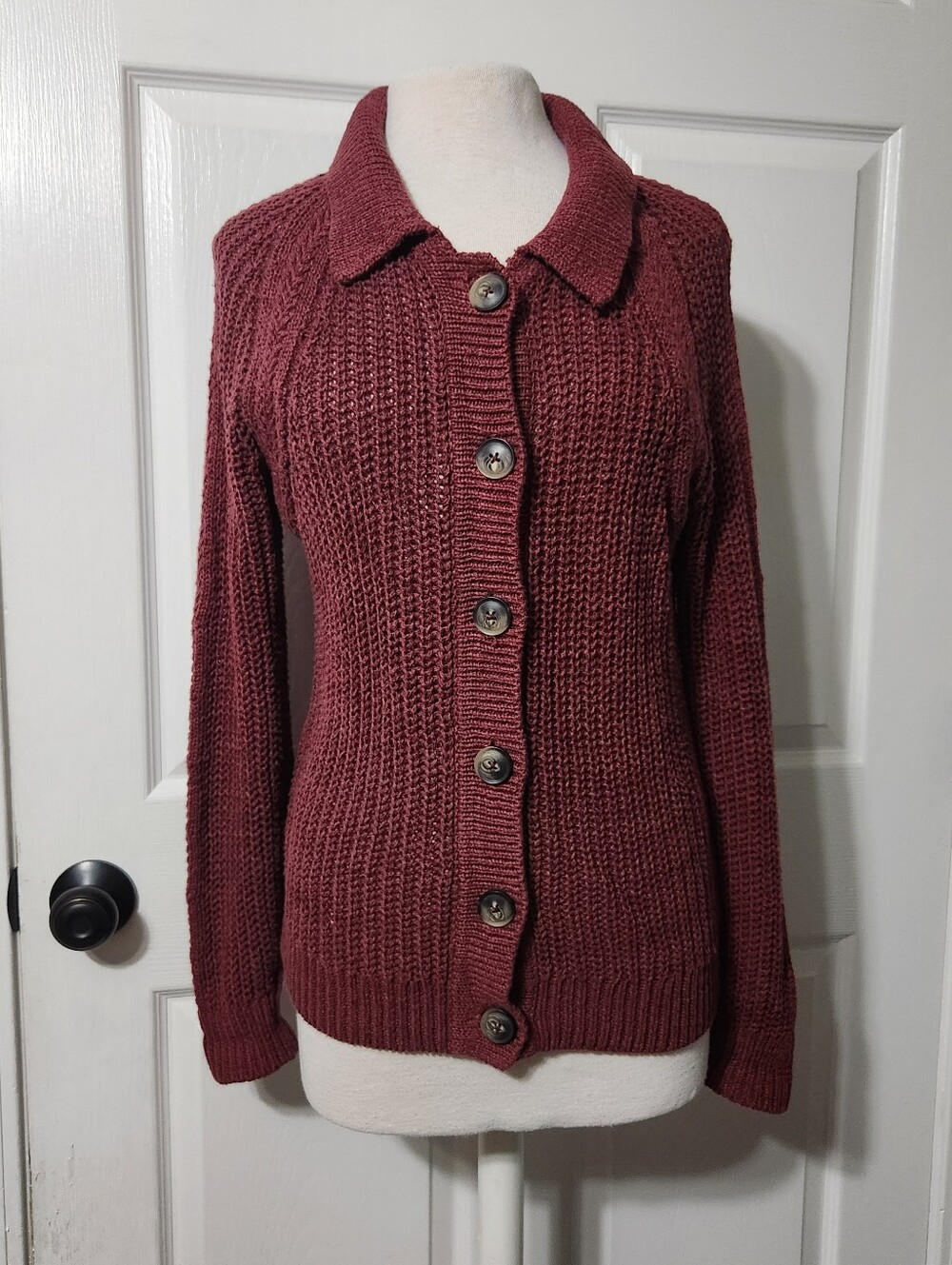Garnet Hill Button-Front Knit Cardigan - Burgundy, Size S